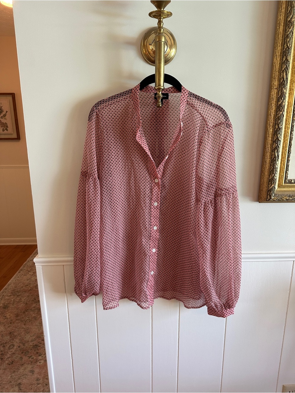 Who What Wear Pink Polka-Dot Sheer Button-Up Blouse